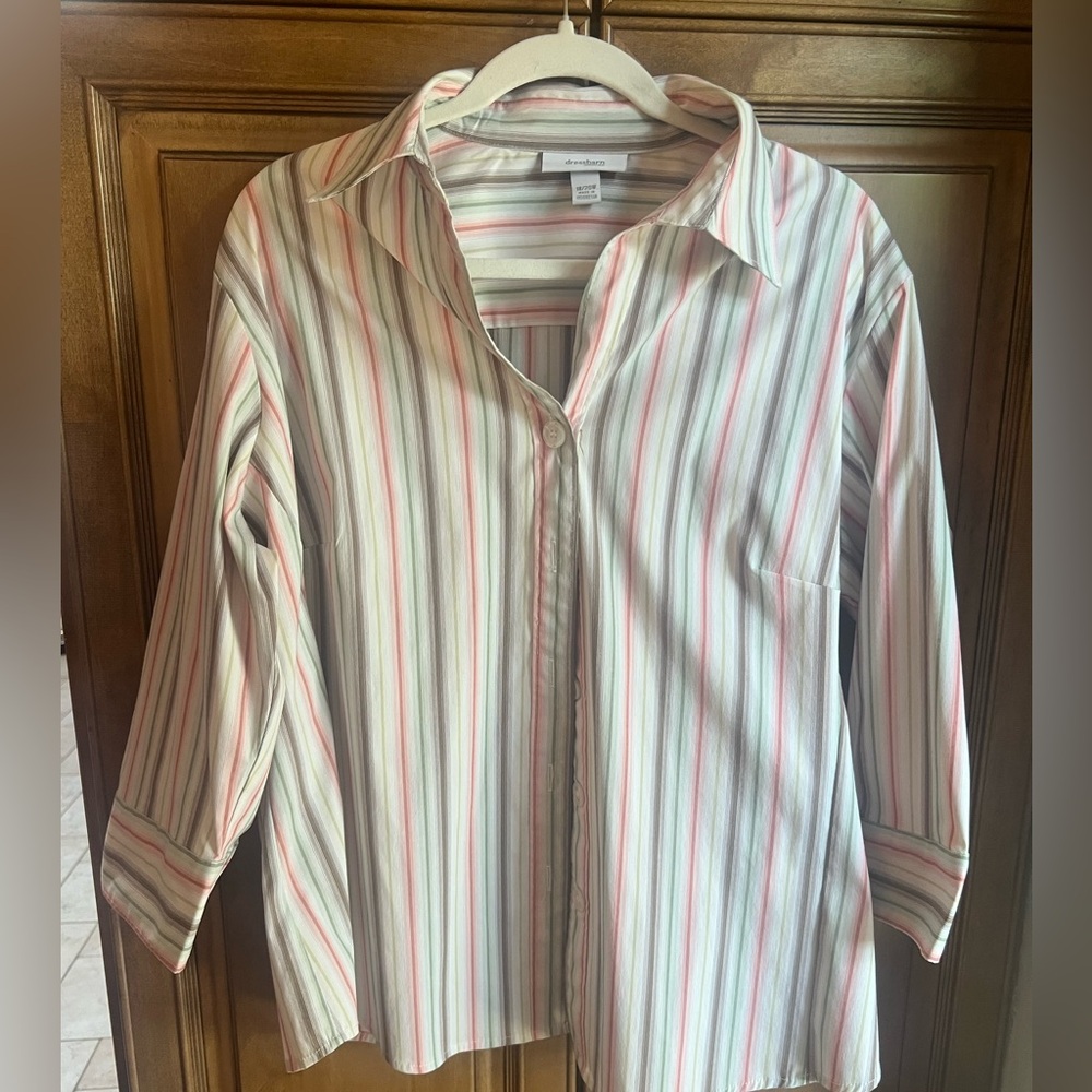 Dressbarn Women’s pink green and brown striped button up y2k